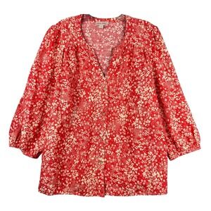 Knox Rose Red Floral 3/4 Sleeve Button Up Womens Blouse Size Large
